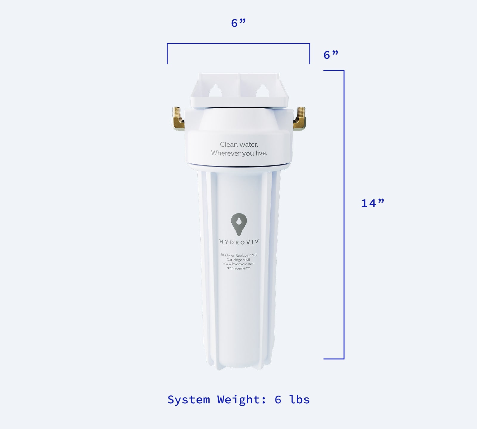 A diagram calling out the dimensions and weight of the Hydroviv Refrigerator/Ice Maker Water Filter.