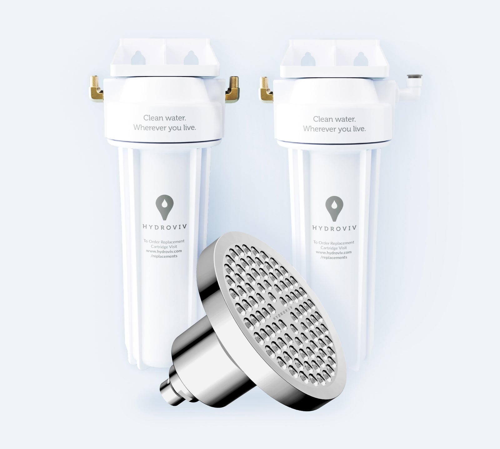 A graphic showcasing 1 Hydroviv Under Sink Water Filter, 1 Fridge/Ice Maker Filter, and 1 Filtered Showerhead. The filters are imposed on a grey background.