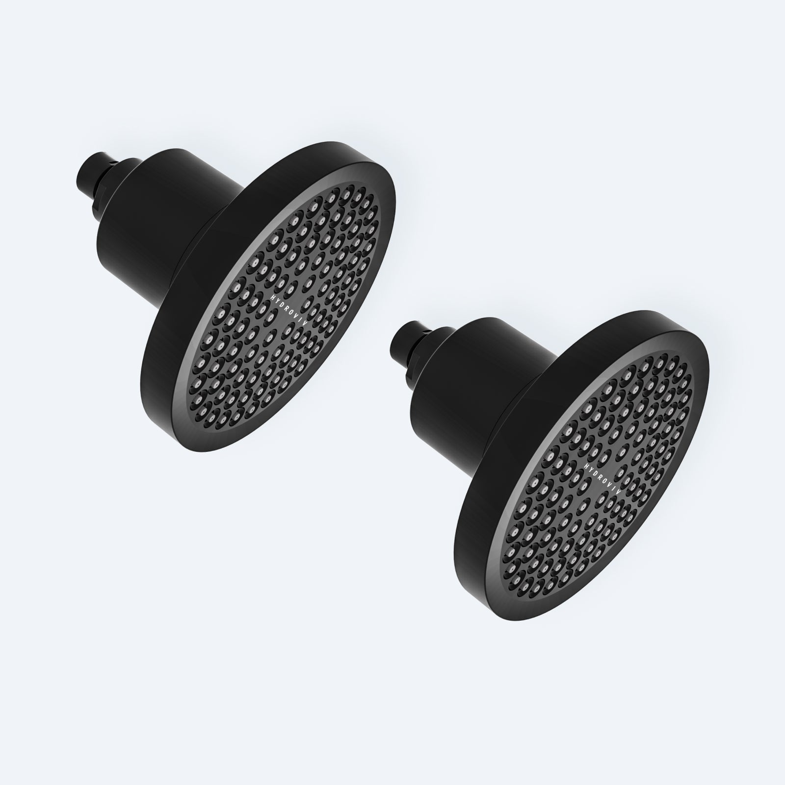 A graphic showcasing two Hydroviv Filtered Showerheads in matte black superimposed against a light grey background.
