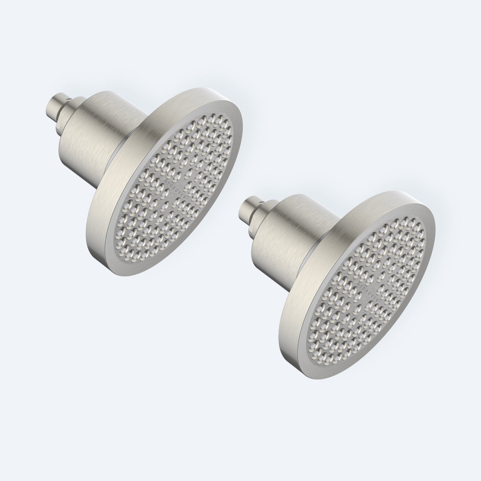 Photo of two chrome Hydroviv filtered showerheads on a light grey background.