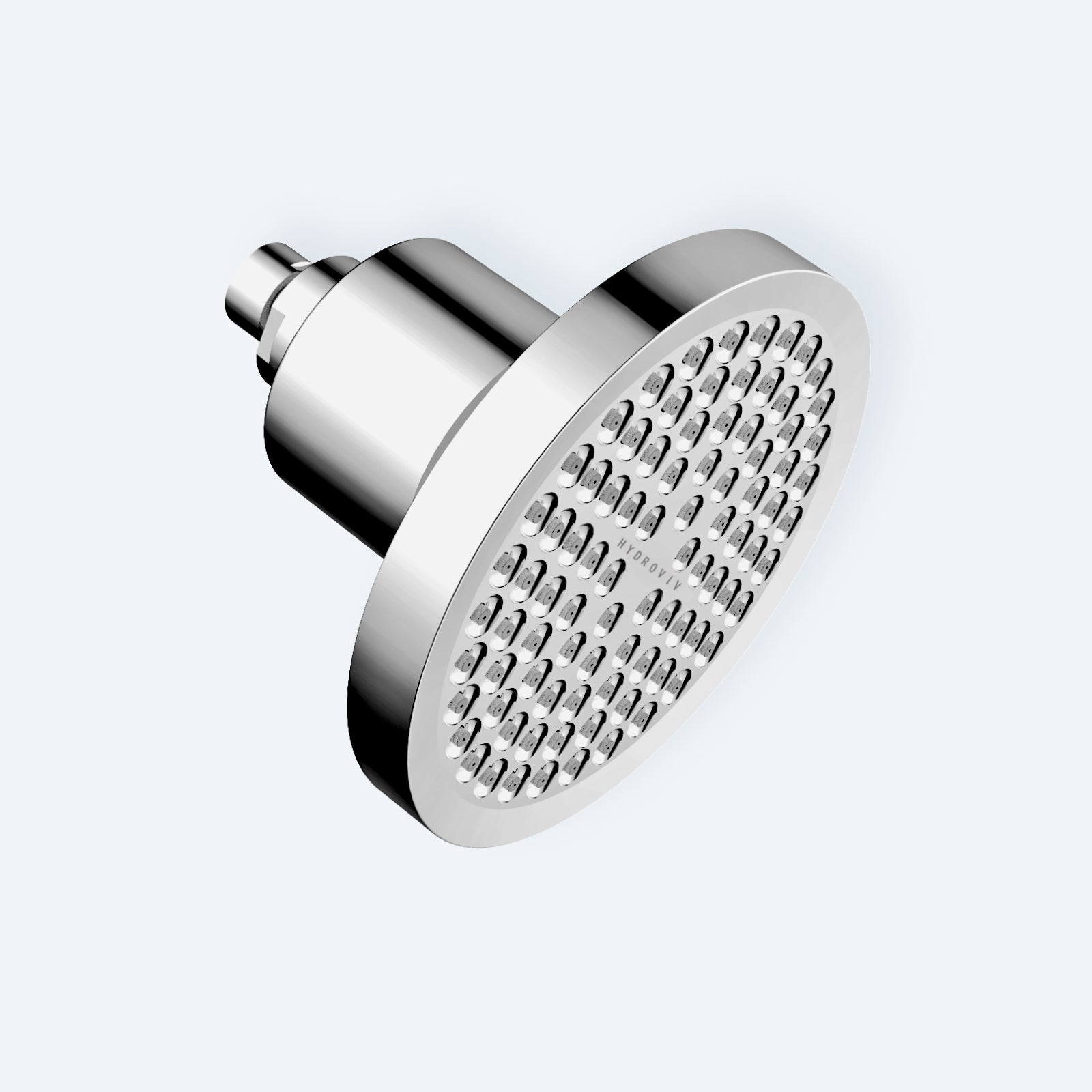 A profile view of the Hydroviv Filtered Showerhead in chrome, showing its sleek cylindrical body and filter housing, set against a light grey background.