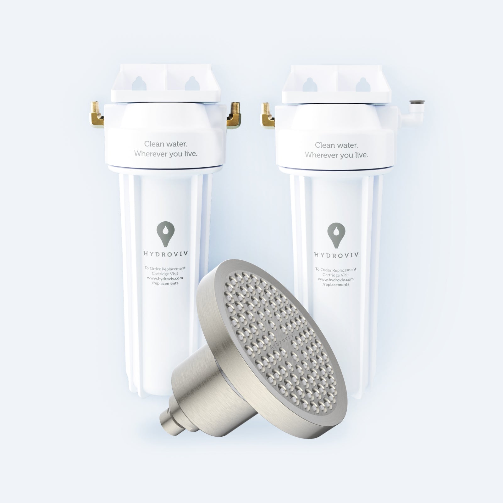 Photo of a Hydroviv faucet filter, fridge filter, and one brushed nickel Hydroviv filtered showerhead on a light grey background.