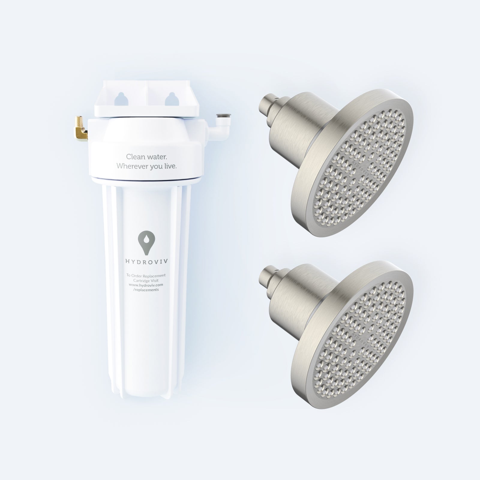Photo of a Hydroviv faucet filter and two brushed nickel Hydroviv filtered showerheads on a light grey background.