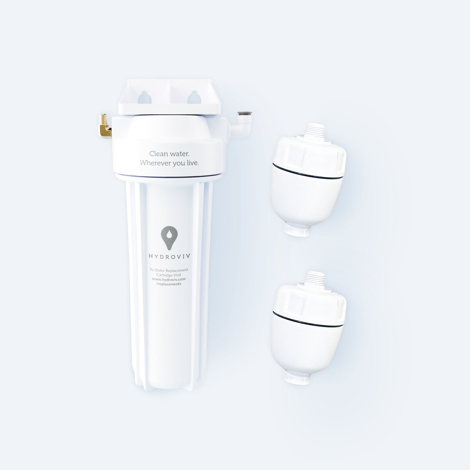 Photo of the Hydroviv Faucet filter & two In-Line Shower Water Filters on a light grey background