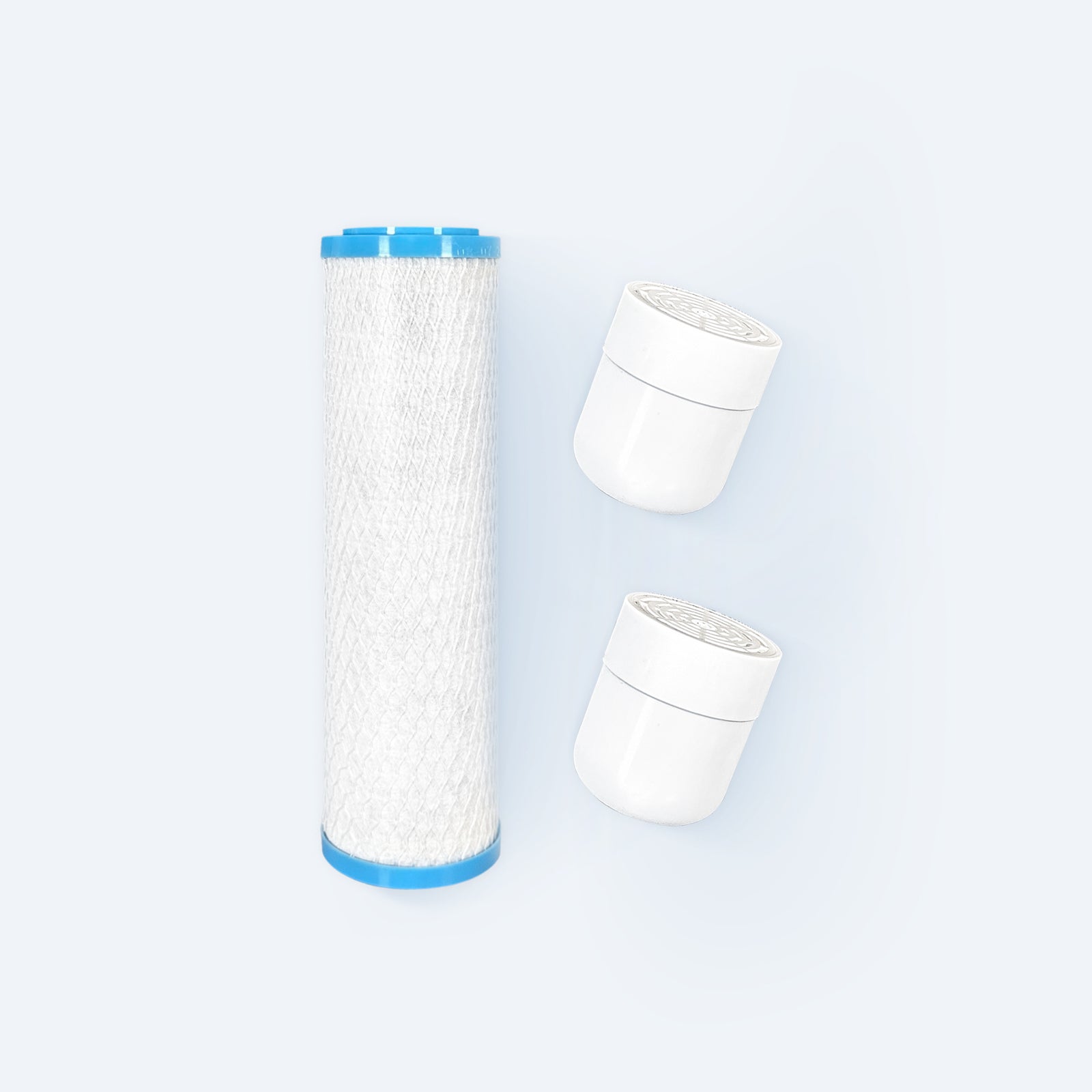 Photo of Hydroviv faucet replacement filter and two Hydroviv inline shower filter replacements on a light grey background.