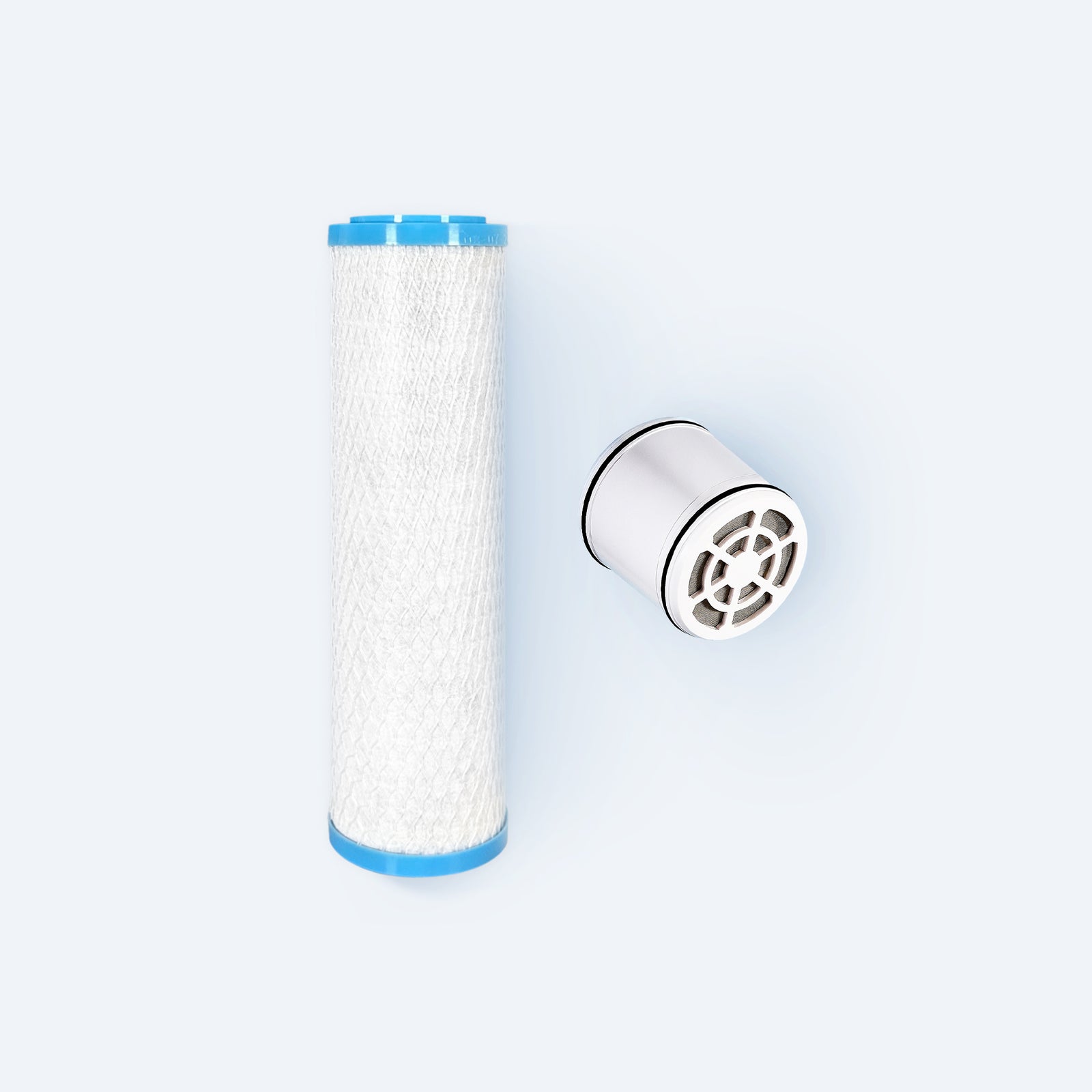 Photo of the Hydroviv drinking water filter and shower filter replacements. It's imposed against a light grey background.