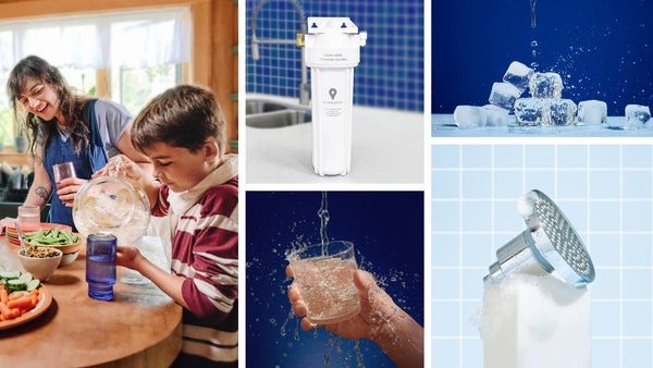 A collage of water-related imagery, including an under sink water filter, showerhead, and a family enjoying ice cold water.