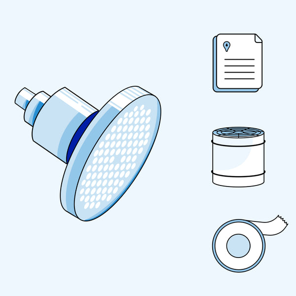 An illustration of what's included with the Hydroviv Filtered Showerhead (including the install guide, refill cartridge, and plumber's tape).