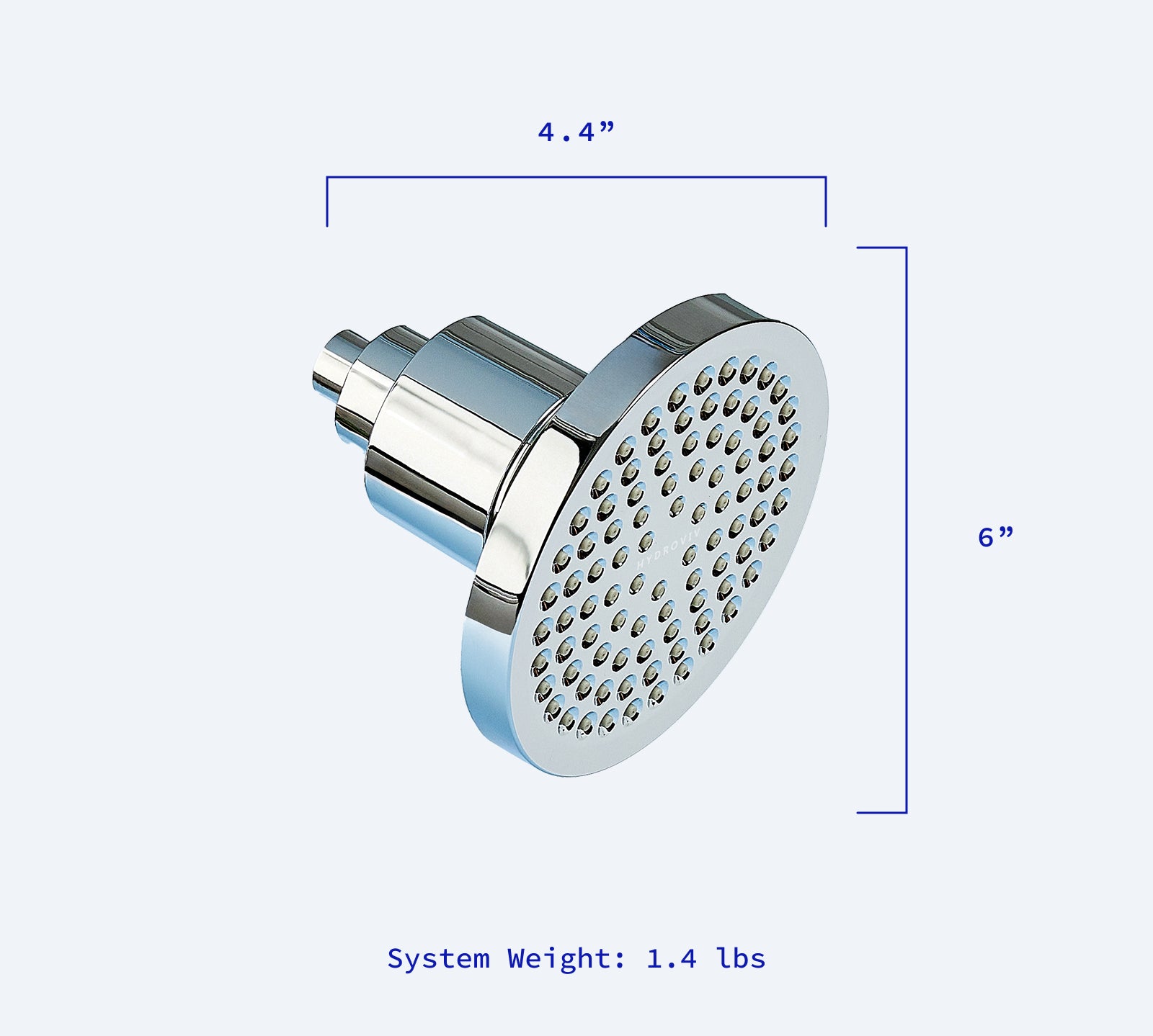 A diagram explaining the Hydroviv Filtered Showerhead's dimensions and weight.