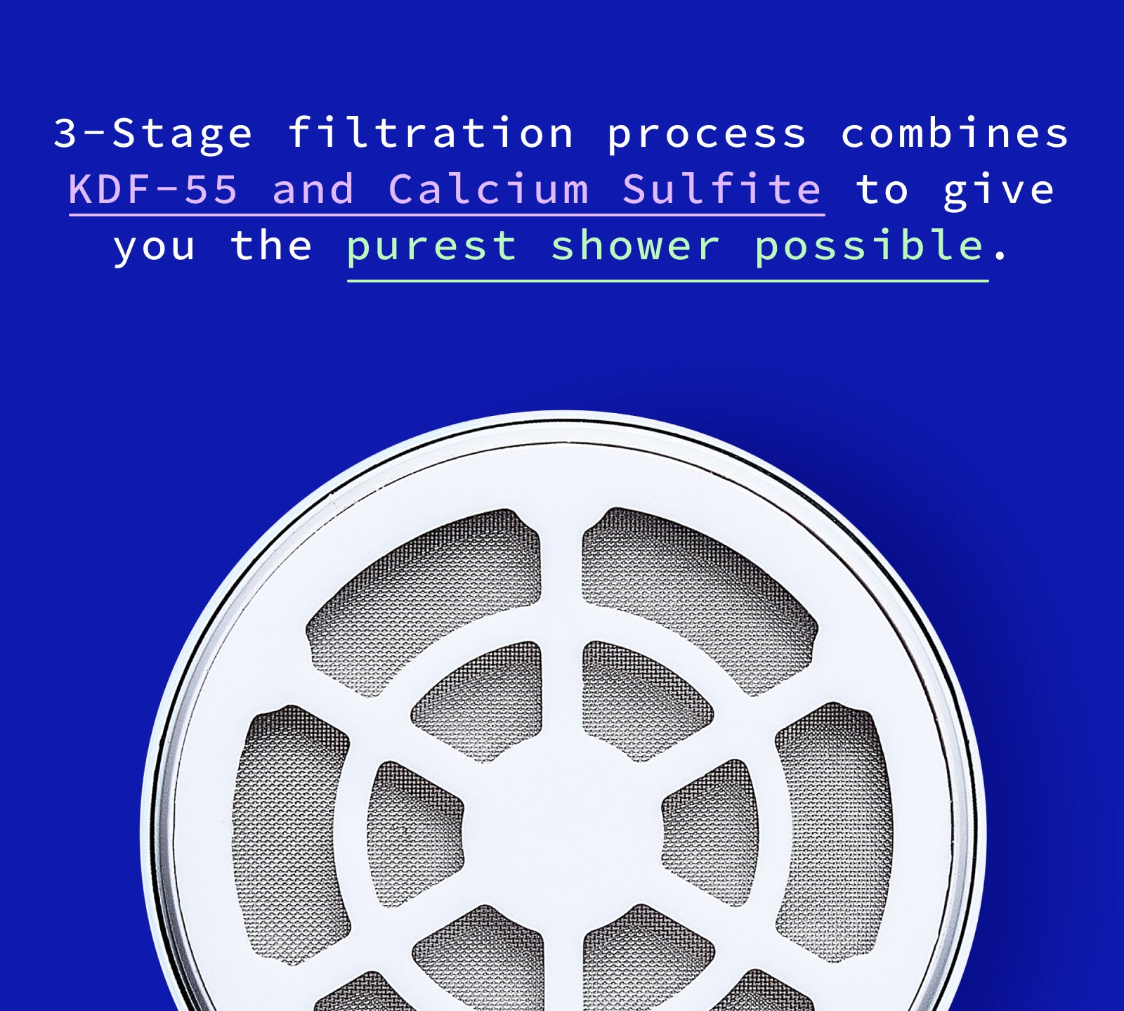 A top-down view of a Hydroviv shower filter. Text on the graphic explains the filter's 3-stage filtration process and material composition.