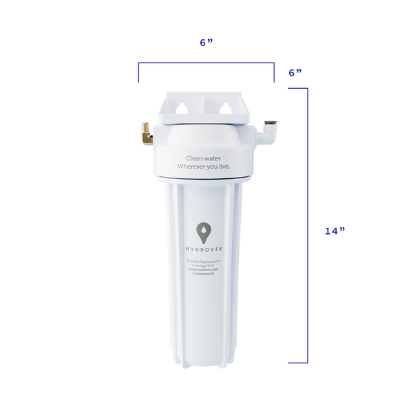 A diagram explaining the Hydroviv drinking water filter's dimensions against a transparent background.