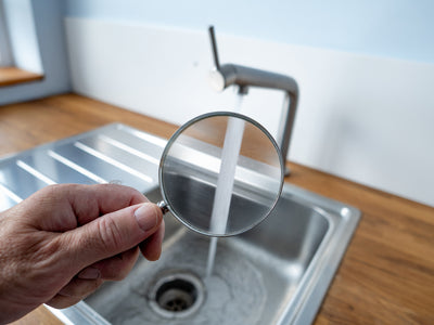 Magnifying glass in front of flowing water faucet