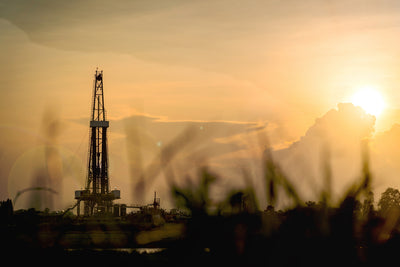 Hydraulic fracturing rig at sunset