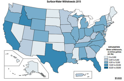 Map of surface water withdrawals in the USA