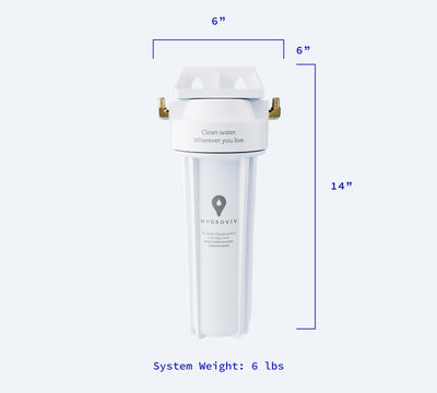 A diagram calling out the dimensions and weight of the Hydroviv Refrigerator/Ice Maker Water Filter.