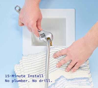 A top-down photo of someone easily installing the Hydroviv Refrigerator/Ice Maker Water Filter, wrench in hand.