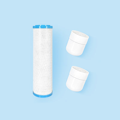 Photo of Hydroviv faucet replacement filter and two Hydroviv inline shower filter replacements on blue background. 
