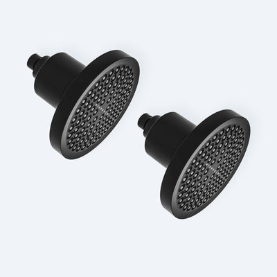 A graphic showcasing two Hydroviv Filtered Showerheads in matte black superimposed against a light grey background.