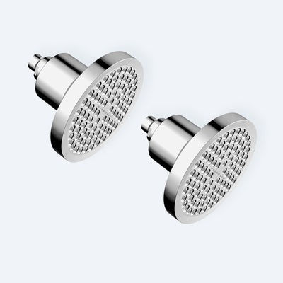 Photo of two chrome Hydroviv filtered showerheads on a light grey background.