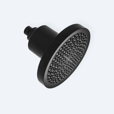 A profile view of the Hydroviv Filtered Showerhead in matte black, showcasing its sleek, cylindrical body and filter housing against a light grey background.