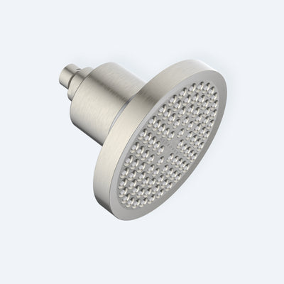 A profile view of the Hydroviv Filtered Showerhead in brushed nickel, showcasing its sleek, cylindrical body and filter housing against a light grey background.