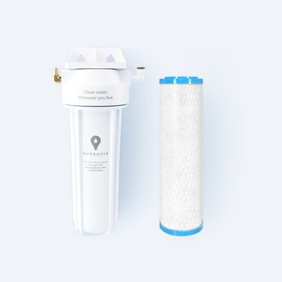 Image of Hydroviv Under Sink System and Drinking Water Filter Refill on light grey background