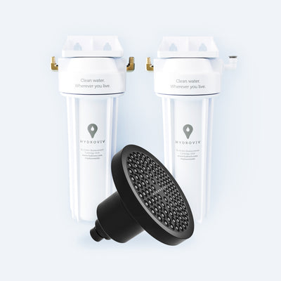 A graphic showcasing two Hydroviv drinking water filters and one Filtered Showerhead in matte black superimposed against a light grey background.