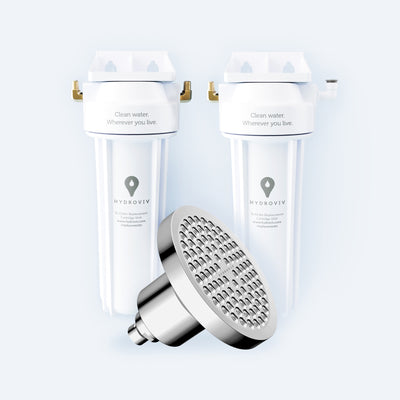 Photo of a Hydroviv faucet filter, fridge filter, and one chrome Hydroviv filtered showerhead on a light grey background. 