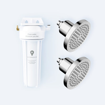 Photo of a Hydroviv faucet filter and two chrome Hydroviv filtered showerheads on a light grey background. 