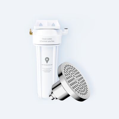 Photo of the Hydrovoiv faucet filter and a chrome Hydroviv filtered showerhead on a light grey background