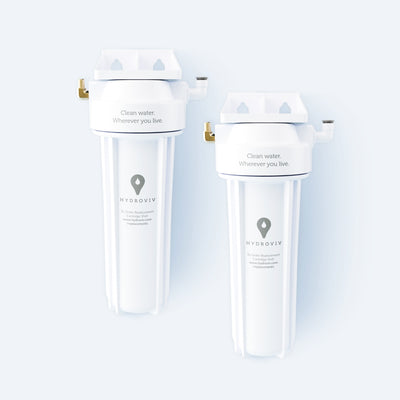 Photo of two Hydroviv Drinking Water filters on a light grey background.
