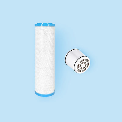 A graphic of the Hydroviv drinking water filter and shower filter replacements. It's imposed against a light blue background.