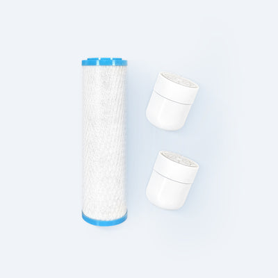 Photo of Hydroviv faucet replacement filter and two Hydroviv inline shower filter replacements on a light grey background. 
