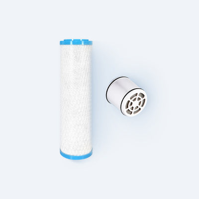 Photo of the Hydroviv drinking water filter and shower filter replacements. It's imposed against a light grey background.