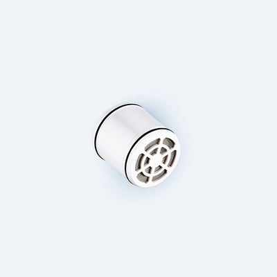 Photo of the Hydroviv filtered showerhead replacement filter on light grey background.