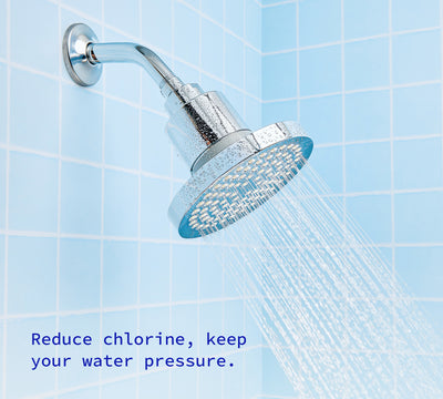 A photo of the Hydroviv Filtered Showerhead in chrome. It's fully installed and running, and the text reads,