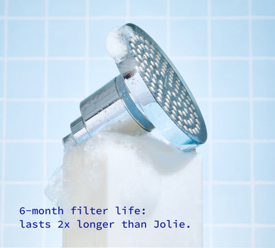 A photo of the Hydroviv Filtered Showerhead on a marble pedestal. The text explains that it has a 6-month filter life.
