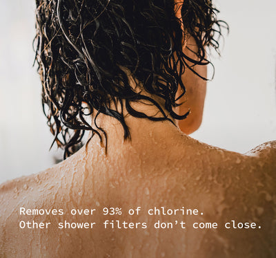 A photo of an individual's back, shoulders and up, as they shower. The text explains that the Hydroviv Filtered Showerhead removes over 93% of chlorine.
