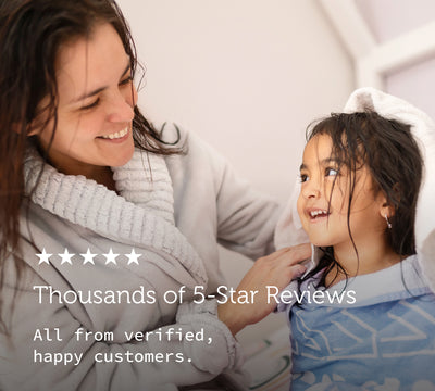 A photo of a mother and child drying off post-shower. The text reads,