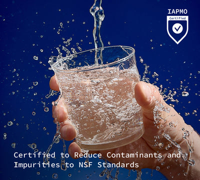 A photo of clean water pouring into a glass. It's imposed against a dark blue background with an IAPMO certification badge displayed.