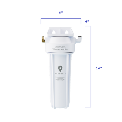 A diagram explaining the Hydroviv drinking water filter's dimensions against a transparent background.